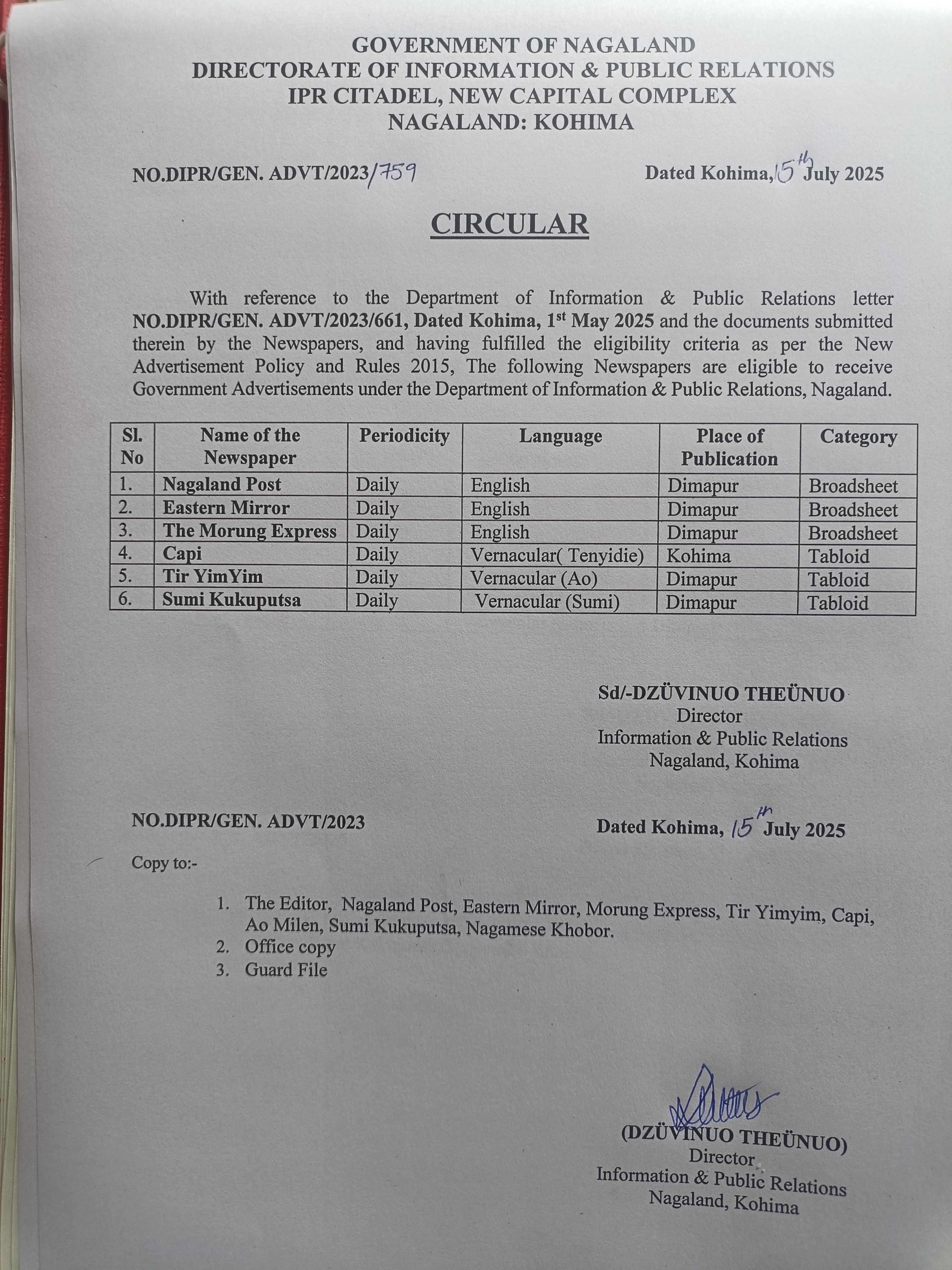 Circular: To the Editors
