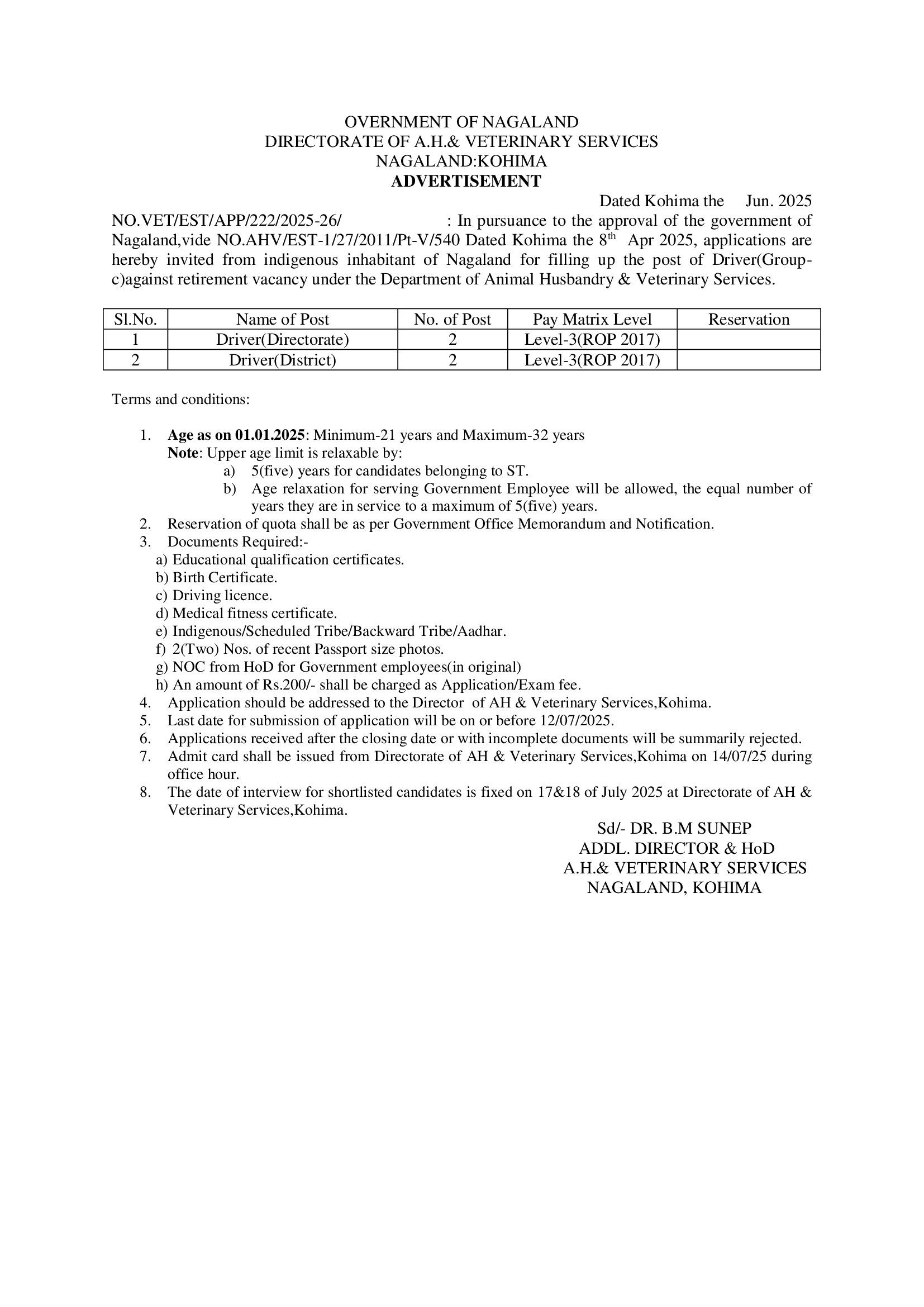 OVERNMENT OF NAGALAND DIRECTORATE OF A.H.& VETERINARY SERVICES NAGALAND:KOHIMA ADVERTISEMENT